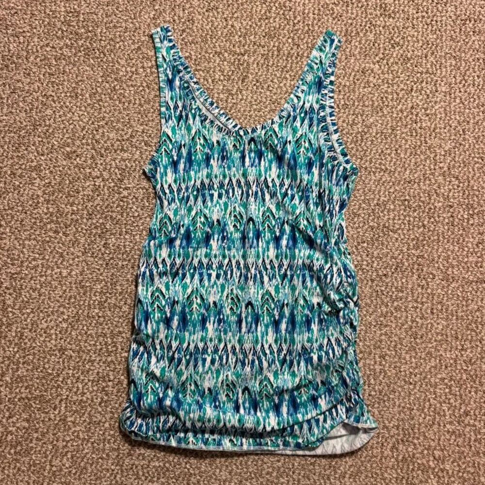 Motherhood Maternity Tank Top Blue Green Ikat Print Ruched Size Medium